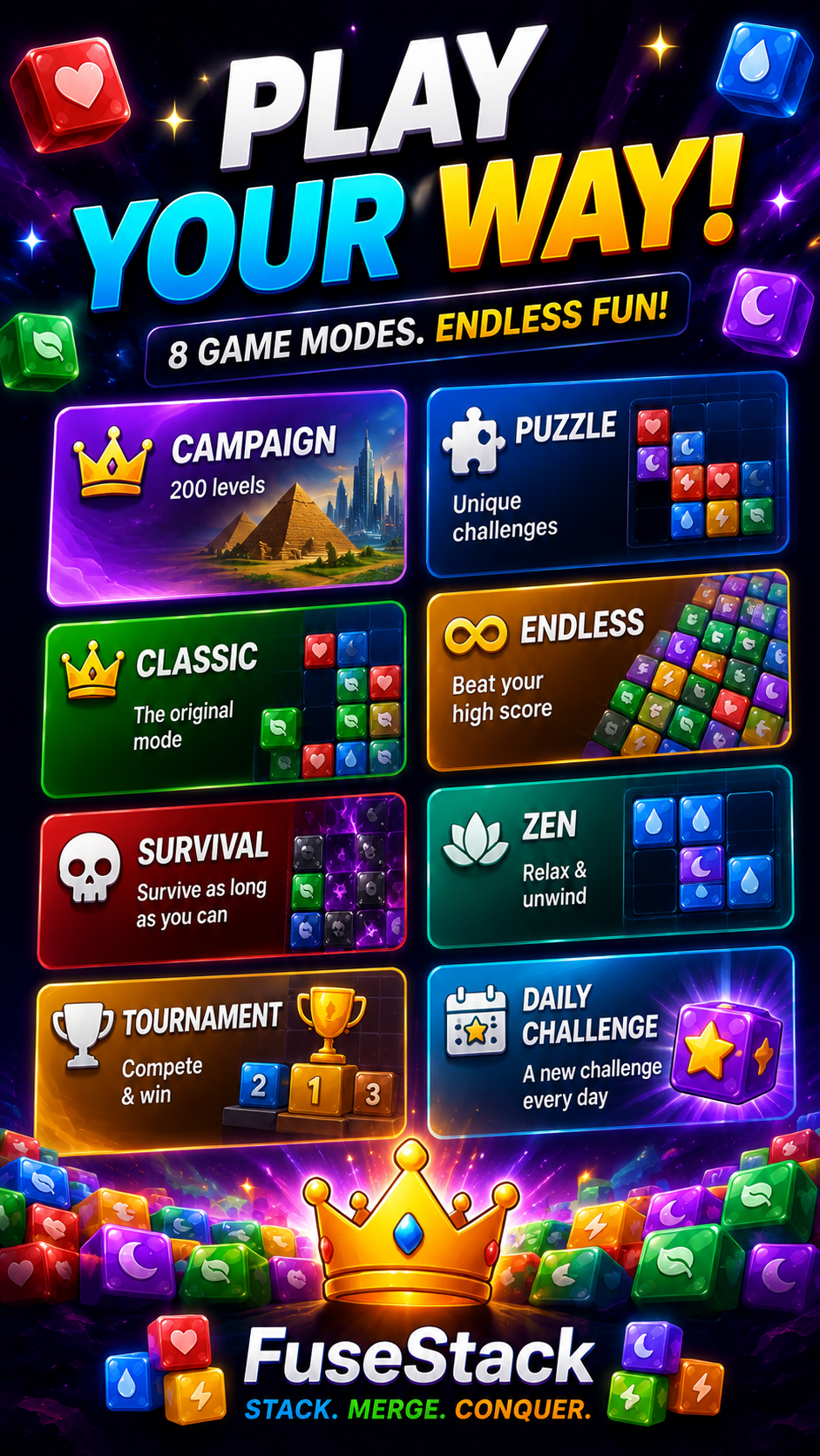 FuseStack — 8 Game Modes: Campaign, Puzzle, Classic, Endless, Survival, Zen, Tournament, Daily Challenge
