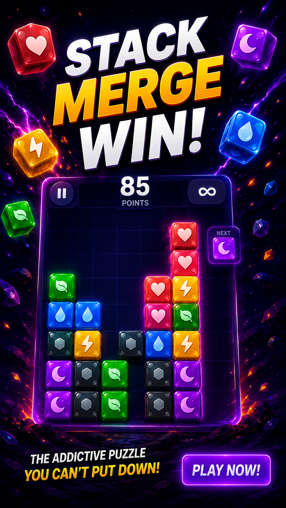 FuseStack — In-game board view with score and upcoming pieces