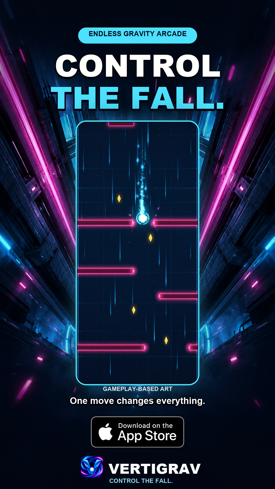 VertiGrav promotional artwork: a falling energy core passing between neon barriers