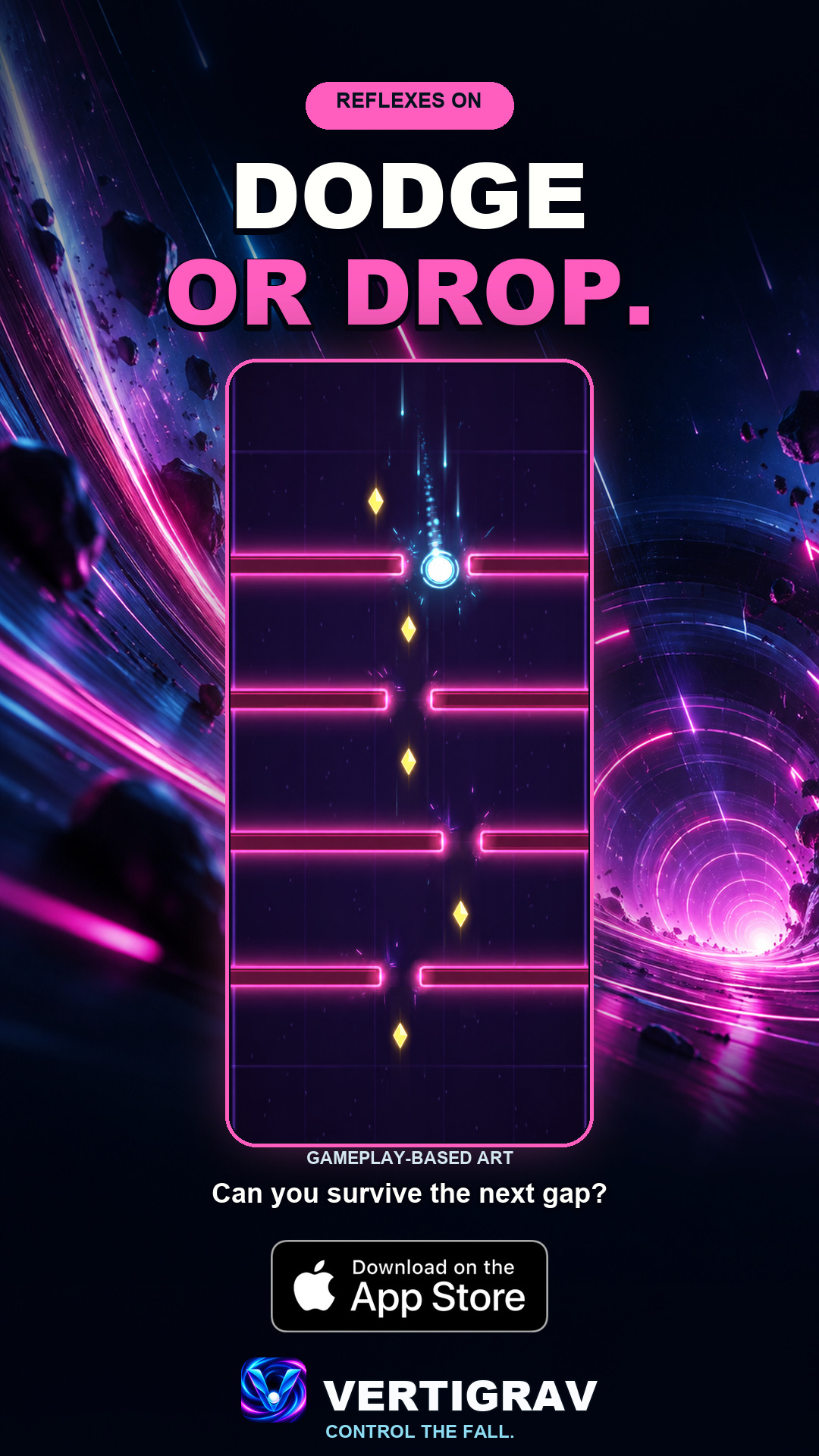Promotional artwork showing the VertiGrav core dodging magenta gates